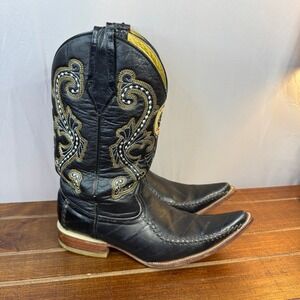 Donaldos Boots Mens 7 Black Leather With Embroidery Pointed Toe Cowboy Western